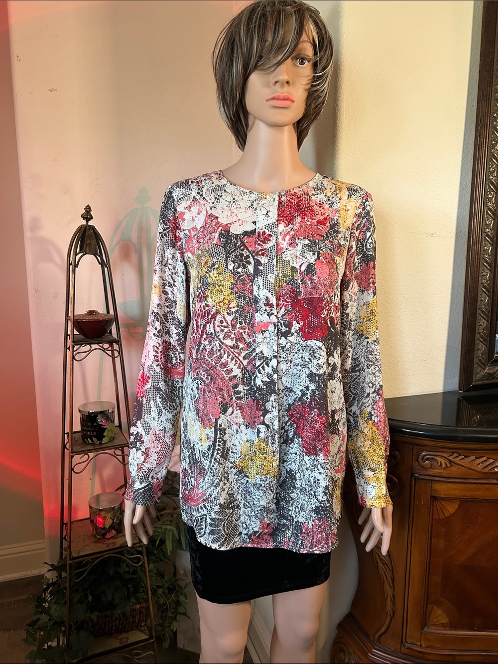 Liz Claiborne Multicolor Floral Lace-Print Long Sleeve Top